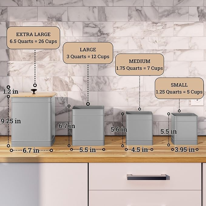 Kitchen Canisters for Countertop Set of 4 with Customizable Chalkboard Labels & Marker Pen - Big Iron Kitchen Canisters with Airtight Lids - Gray Canister Set - Flour and Sugar Containers Farmhouse
