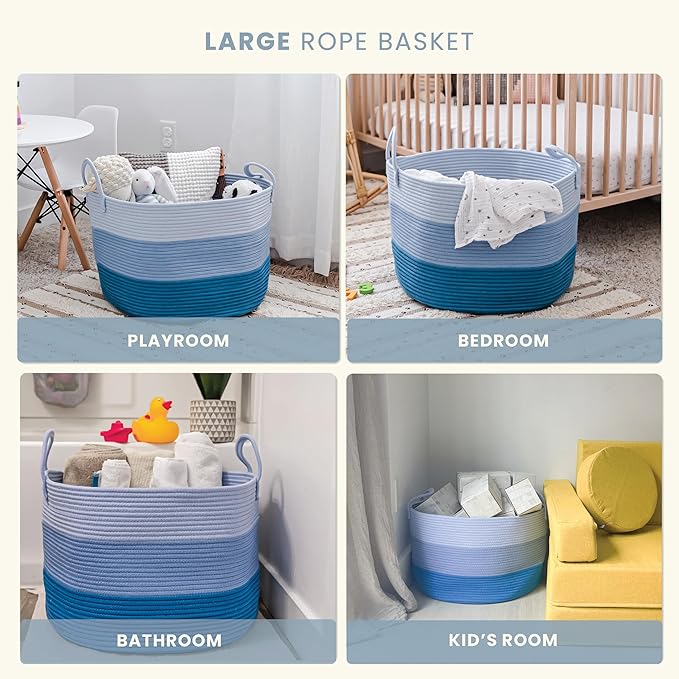 OrganiHaus Toy Storage Basket for Kids, Large Cotton Rope Organizer Bin for Nursery, Toy Box, Blanket Holder, Baby Hamper for Living Room, Soft & Washable, 20x13 inches - Blue