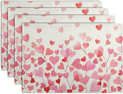 Pink Love Heart Valentine's Day Placemats Set of 4 Valentine Seasonal Holiday Linen Table Mats 12x18 Inch Anniversary Wedding Sweet Romantic Place Mats for Party Kitchen Dining Outdoor Indoor Decor
