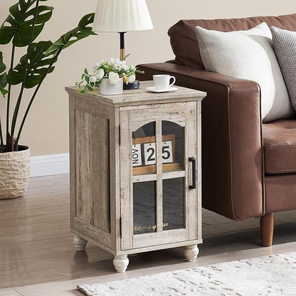 Narrow Side Table Set of 2,Farmhouse Nightstand with Charging Station,End Table with Glass Barn Door Storage, Cabinet Organizer with Adjustable Shelf, Night Stand for Small Spaces Living Room Bedroom