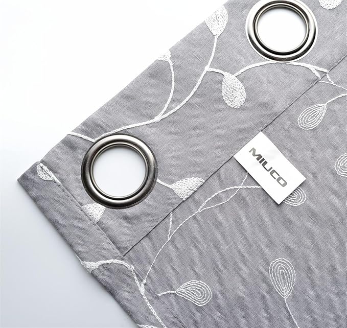 MIUCO Floral Embroidered Semi Sheer Curtains Linen Look Grommet Curtains for Living Room 52 x 84 Inch Set of 2, Grey