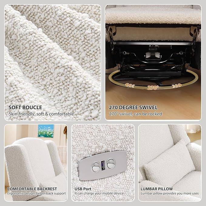 Power Recliner Chair Swivel Glider, Large Rocker Recliner w/USB Charging Port, Boucle Upholstered Swivel Rocker Glider Recliner for Nursery,Bedroom,Living Room,Set of 2,Cream