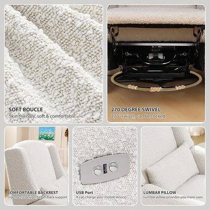 Power Recliner Chair Swivel Glider, Large Rocker Recliner w/USB Charging Port, Boucle Upholstered Swivel Rocker Glider Recliner for Nursery,Bedroom,Living Room,Set of 2,Cream