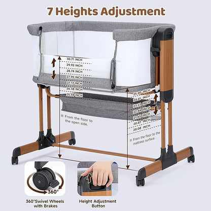 Ezebaby 3-in-1 Baby Bassinet, Rocking Baby Bassinets Bedside Sleeper, Adjustable Portable Crib for Newborn Infant with Wheels Storage Basket and Mesh Sides