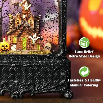 Halloween Snow Globe Lantern Haunted House Pumpkin Ghost Tree Crow Rip Dancing Bats with Timer, USB and Battery Powered 12 inch