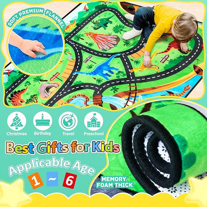 Kids Rug, Car Carpet for Kids' Toy Cars, 6x9 Ft Dinosaur Rug, Dino Safari Road Mat for Playroom, Educational Learning & Game Area Baby Play Mat Carpet for Children
