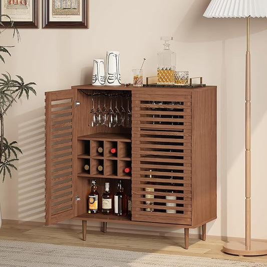 Mid Century Bar Cabinet with Wine Racks, Modern Liquor Cabinet with Slatted Doors for Dining Room, Living Room (Walnut Color)