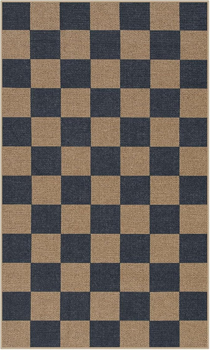 Lahome Checkered Easy Jute Indoor Outdoor Carpet, 3x5 Washable Rugs for Entryway Living Room Farmhouse Area Rug, Non Slip Blue Checkerboard Indoor Door Mat for Entry Patio Deck