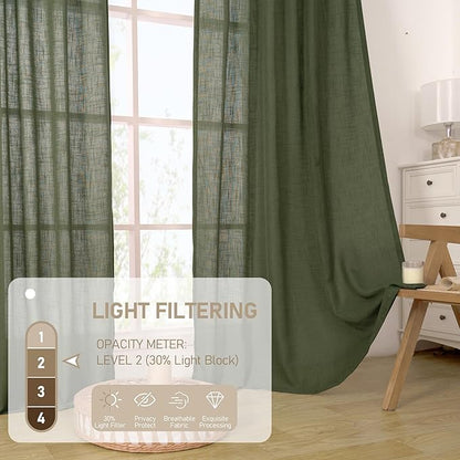 LAMIT Semi Sheer Linen Curtains 48 Inch Length, Light Filtering Panels Bronze Grommet Boho Neutral Christams Window Drapes for Kitchen/Short Windows/Cafe, Olive Green, 34 x 48 Inch, 2 Panels