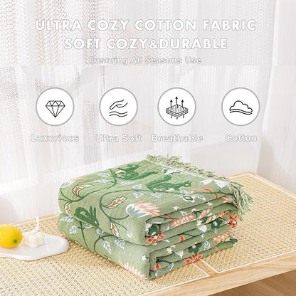 MSGKV Cotton Bed Blanket for Couch and Sofa Blankets for Living Room Bedroom Reversable Florals and Animals Throw 80"x90" Breathable Cozy Boho Blankets