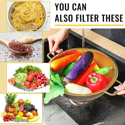 Norme 5 Quart Stainless Steel Gold Colander and 3 Pcs Gold Fine Mesh Strainer, Stainless Steel Pasta Rice Food Metal Strainer with Handles, Easy Clean and Dishwasher Safe