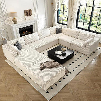 157.5" Cloud Couch Oversized Modular Sectional Sofa for Living Room,Modern Sofa with Deep Seat，8 Seater Boneless Couch with 2 Ottoman,Comfy Upholstered Couches for Apartment, Studio, Office,White