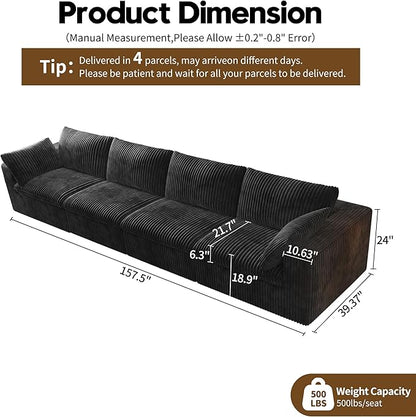 157.5" 4-Seater Cloud Sofa,Modular Sectional Couch,Modern Deep Seat Upholstered Couches with Plush Corduroy Fabric for Living Room Furniture,Bedroom and Apartment,No Assembly Required,Black