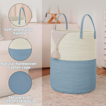 Large Woven Laundry Basket Hamper,80L Cotton Rope Storage Bin for Blankets,Toys and Clothes,Decorative Tall Nursery Hamper for Living Room,Baby Nursery,Bathroom and Bedroom,White and Blue
