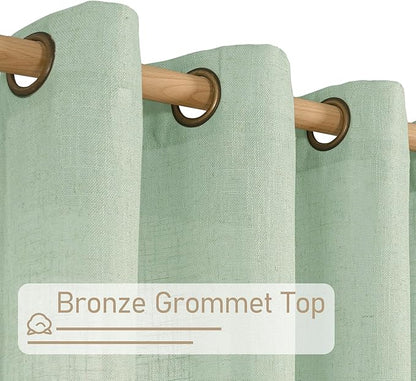 LAMIT 95 Inches Long Fresh Green Linen Curtains for Living Room, Bronze Grommet Linen Textured Curtains Light Filtering Boho Drapes for Bedroom/Dining Room, Set of 2, 52 x 95 Inch