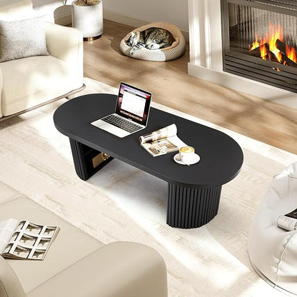 Oval Fluted Coffee Table, 47" Farmhouse Wood Coffee Table Mid Century Modern Center Table Boho Living Room Tables for Living Room Office,Black