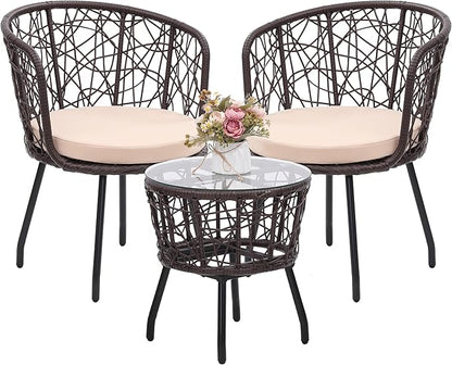 Kromax 3 Piece Bistro Set, Modern Outdoor Wicker Patio Furniture with Tempered Glass Table Top and 2 Chairs, Washable Cushions, Brown Rattan and Begie Cushion