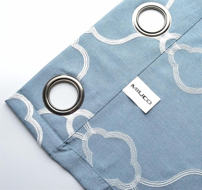 MIUCO Moroccan Embroidery Semi Sheer Curtains Faux Linen Grommet Curtains for Bedroom 52 x 63 Inch 2 Panels, Dusty Blue
