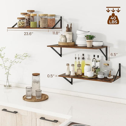 Heimlove 24" W x 12" D Wall Shelves for Books, 12 Inch Deep Floating Shelves Set of 3, Wide Floating Bookshelf with Metal Bracket for Living Room, Kitchen, Office, Bedroom and Decor - Rustic Brown