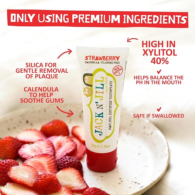 Jack N' Jill Natural Toothpaste for Baby and Infants - Fluoride Free Training Toothpaste, 40% Xylitol, BPA Free - Berries N' Cream, 1.76 oz (Pack of 1)