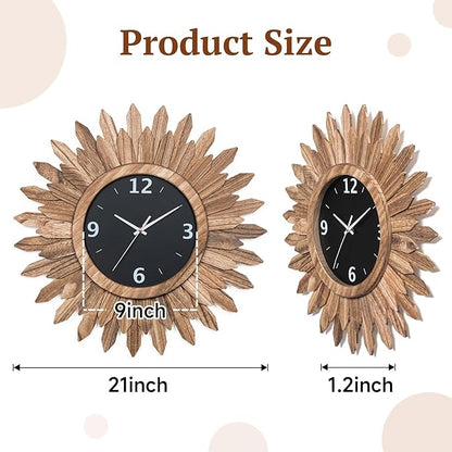 Honiway Large Wall Clock Battery Operated 21 in Rustic Wood Boho Sunburst Decorative Wall Clock Silent Non Ticking Farmhouse Wall Clocks for Living Room Bedroom Kitchen Bathroom Decor (Rustic Brown)