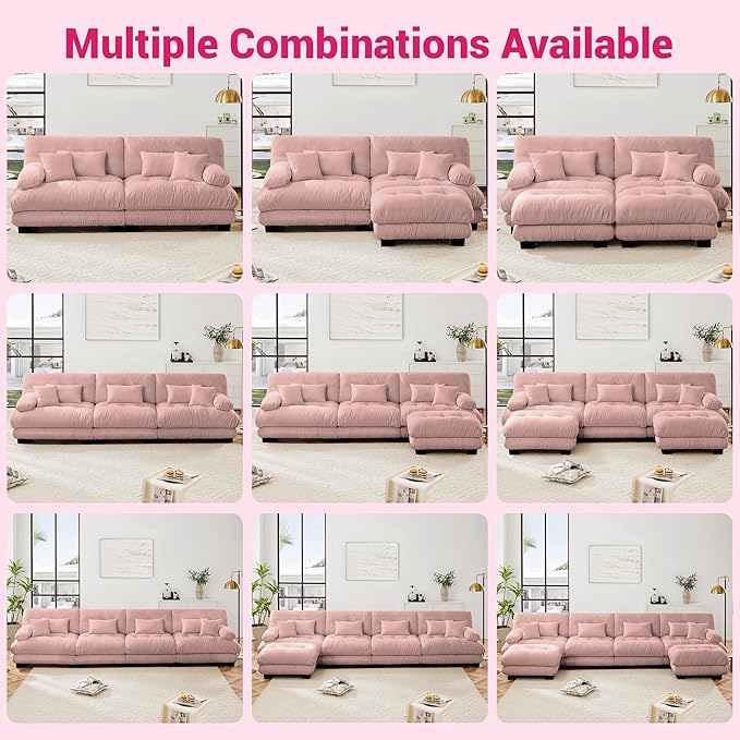 Loveseat Modular Sectional Sofa, U Shaped Couch with Ottoman, Cloud Couch Sectional Couch Home Sofa Living Room Oversized Couch Deep Seat Couch with Round Bolster Armrests 4 Pillows(Pink)