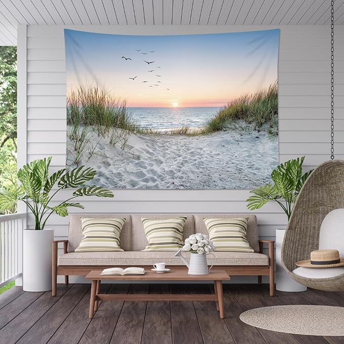 HVEST Ocean Beach Tapestry Wall Hanging, Sunset Seabird and Beach with Grass Wall Tapestry Natural Landscape Tapestries for Bedroom Living Room Dorm Decoration, 60x40 Inches