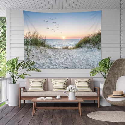 HVEST Ocean Beach Tapestry Wall Hanging, Sunset Seabird and Beach with Grass Wall Tapestry Natural Landscape Tapestries for Bedroom Living Room Dorm Decoration, 60x40 Inches