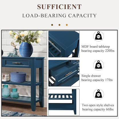 Solid Wood Console Table Entryway Table with Storage Drawers and Shelves Sofa Table for Entry Hallway Foyer(42" Navy Blue)