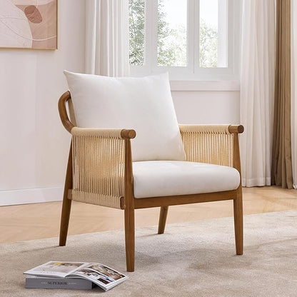 Braid Accent Chair for Living Room Bedroom Reading Room, Rattan Modern Boho Armchair with Solid Wooden Armrest & Frame and Cushions