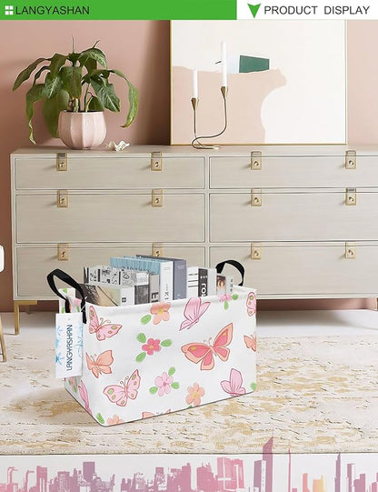 LANGYASHAN Rectangular Storage Bin Collapse Canvas Fabric Cartoon Storage Basket with Handles for Organizing Home Kitchen Boys and Girls Toys Office Closet Shelf Baskets (Rec Pink Butterfly)