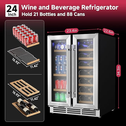 24" Wine and Beverage Refrigerator, Dual Zone Wine Cooler with Glass Door, Hold 88 Cans & 21 Bottles, Built in or Freestanding Under Counter Wine Fridge with Blue LED Light.