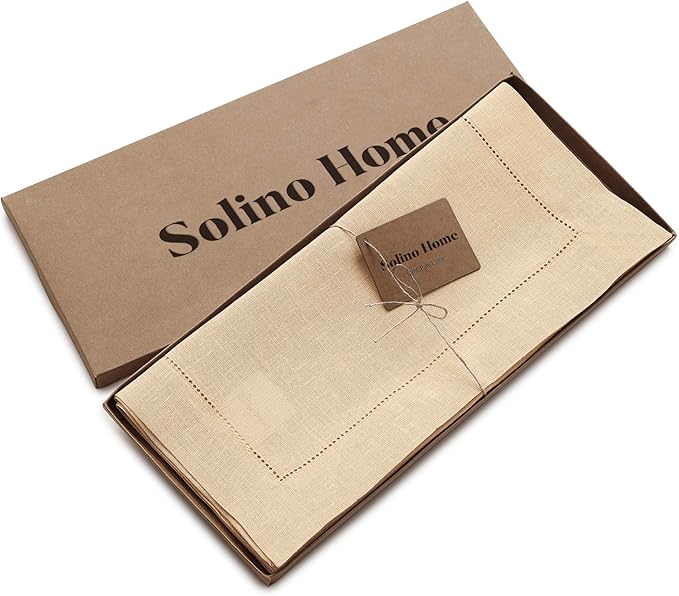 Solino Home Linen Table Runner 36 Inches - 100% Pure Linen Beige Hemstitch Table Runner 14 x 36 Inch Ideal for Dresser and Coffee Tables - Fall, Autumn, Thanksgiving - Classic Hemstitch