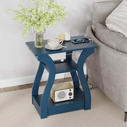 End Tables Living Room, End Table end Table with Charging Station and USB,Navy Blue Side Table, Nightstand for Bedroom,3 Tier End Table with Storage Shelf for Living Room