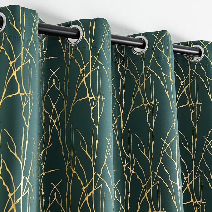 Grommets Blackout Long Window Curtains Green Gold-52W*84L 2PCS Drapes for Bedroom