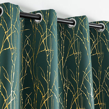 Grommets Blackout Long Window Curtains Green Gold-52W*84L 2PCS Drapes for Bedroom