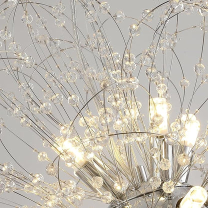 Modern Farmhouse Chandelier, Sputnik Crystal Beaded Pendant Lamp, Round Sunflower Chrome Hanging Light Fixtures for Dining Room Foyer Bedroom Kitchen Island (Chrome 12Lights)