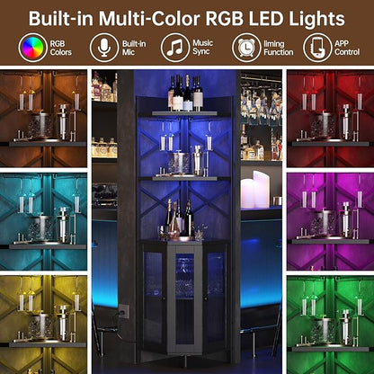 Corner Bar Cabinet with Power Outlet, 5-Tier Corner Wine Cabinet with Led Strip and Glass Holder, Industrial Tall Liquor Cabinet Bar Wine Rack for Home，Black
