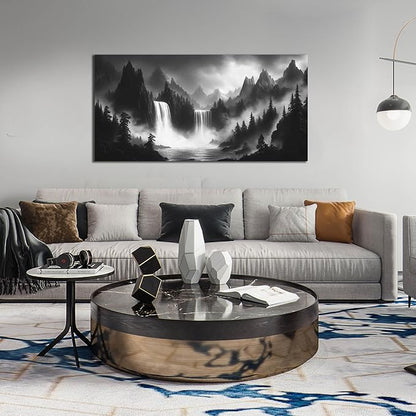 HUBOSKN Waterfall Pictures Wall Decor for Living Room - Mountain Wall Art for Office - Black and White Canvas Wall Art for Bedroom Size 24" x 48"