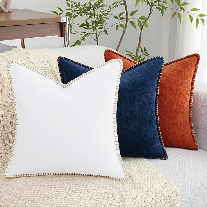 decorUhome Chenille Soft Throw Pillow Covers 22x22 Set of 2, Farmhouse Velvet Neutral Decorative Euro Pillow Covers with Stitched Edge for Couch Sofa Bed Home Decor, Poseidon