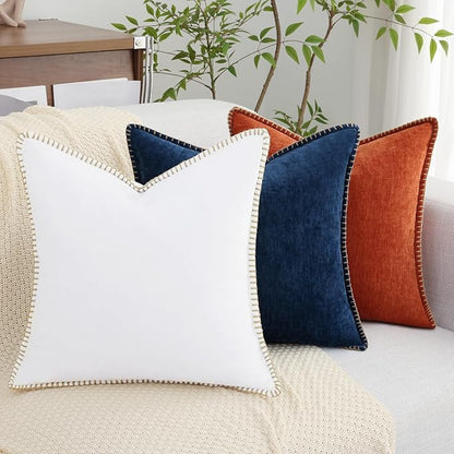 decorUhome Chenille Soft Throw Pillow Covers 20x20 Set of 2, Farmhouse Velvet Neutral Decorative Euro Pillow Covers with Stitched Edge for Couch Sofa Bed Home Decor, Poseidon
