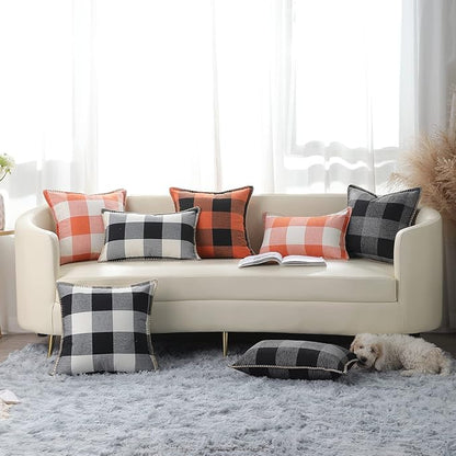 decorUhome Fall Orange and Black Decorative Throw Pillow Covers 22x22 Set of 2, Buffalo Plaid Check Farmhouse Cushion Covers with Stitched Edge for Autumn Harvest Couch Sofa Bed Home Decor