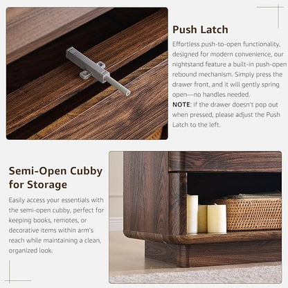 Nightstand Set of 2 with Charging Station, 22" Large Modern Bedside Table with 2 Drawers Storage,Push-to-Open End Table for Bedroom,Living Room,Brown