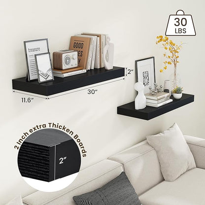 Deep Floating Shelves for Wall | 30W x 12D Black Floating Shelves Set of 2 | 12 Inch Deep Wall Shelves for Living Room Bathroom Laundry Room Bedroom Kitchen Home Office - Black