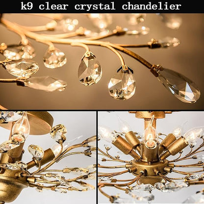 Ganeed Crystal Chandeliers,Vintage K9 Clear LED Ceiling Lighting,Edison Pendant Light Flush Mounted Fixture with 5 Light for Living Room Dinning Room Restaurant Porch Hallway (Gold)
