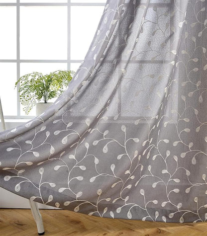 MIUCO Floral Embroidered Semi Sheer Curtains Faux Linen Grommet Curtain Panels for Bedroom 52 x 95 Inch 2 Panels, Grey