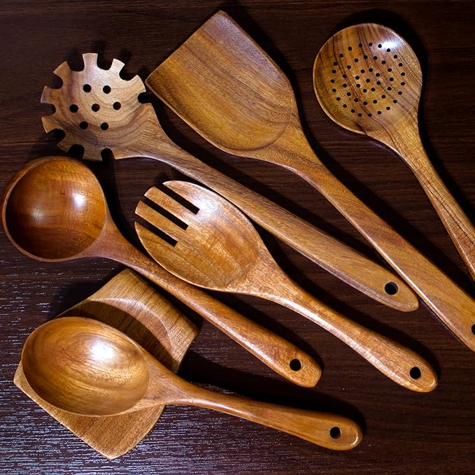 Wooden Spoons for Cooking - 8 Piece Natural Teak Kitchen Utensil Set Non Toxic - Teak Wooden Utensils with Spoon Rest and Holder