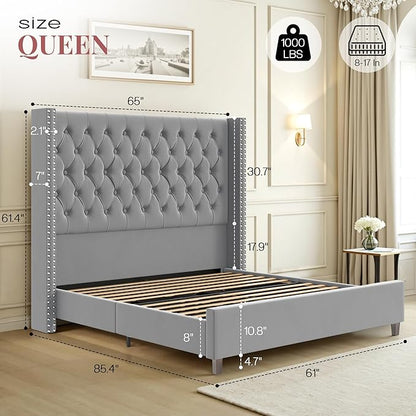 PaPaJet Queen Size Bed Frame with 61.4" Tall Headboard, Velvet Upholstered Platform and Handmade Deep Button Tufting, No Box Spring Required, Grey
