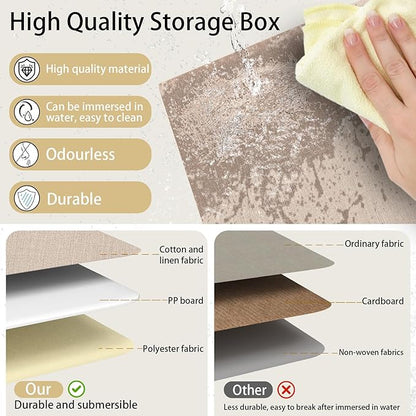 Yawinhe Fabric Storage Bins with Handles, Foldable Baskets for Shelves, Cubes with 3 Handles, Large Boxes for Clothes, Beige, 16.9''Lx11.8''Wx10.2''H, 4-Pack