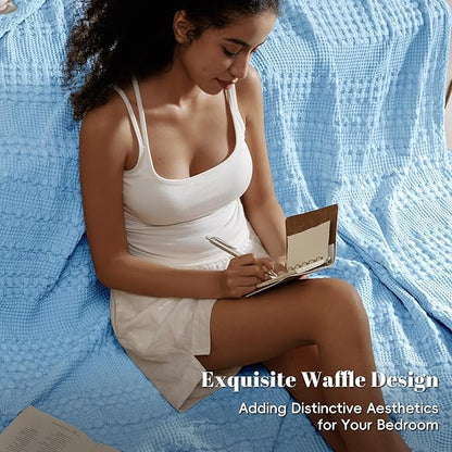PHF 100% Cotton Waffle Weave Blanket King Size, Soft Lightweight Breathable Cozy Summer Blankets for Bed, Luxury Aesthetic Woven Bedding for Home Decor, 108"x90", Sky Blue